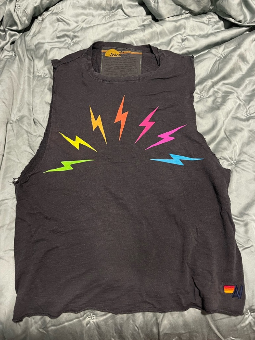Aviator Nation Dark Grey Muscle Tank with Neon Lightning Bolts